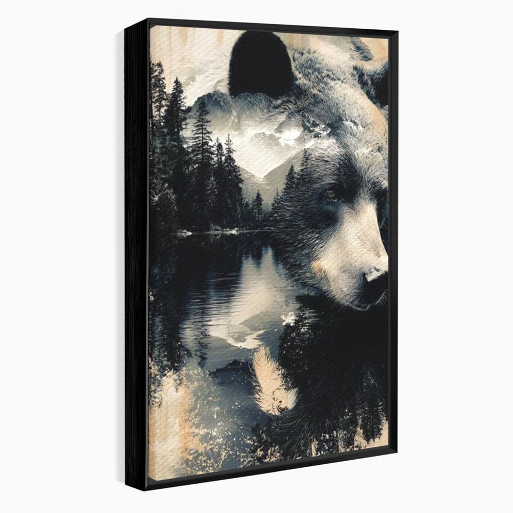 Tablou canvas cu tablou canvas cu urs si peisaj montan, in rama de aluminiu negru